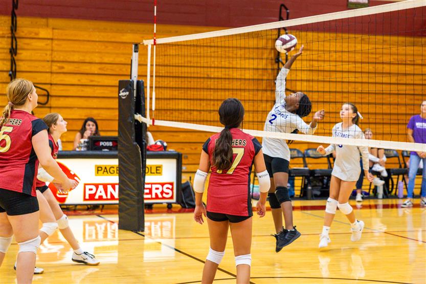 Student-athletes play volleyball